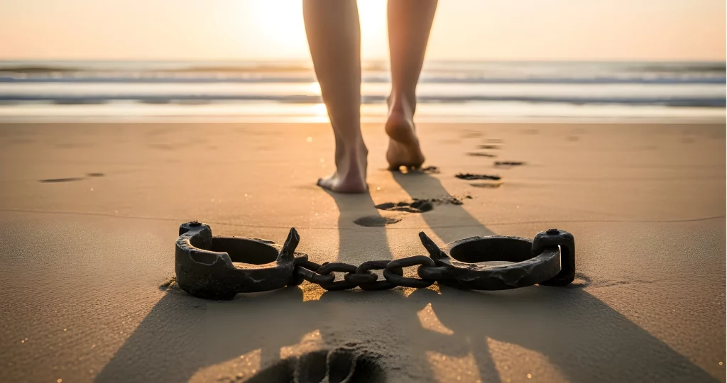 Person walking away from broken chains on a beach at sunrise, symbolising recovery from burnout and letting go of stress