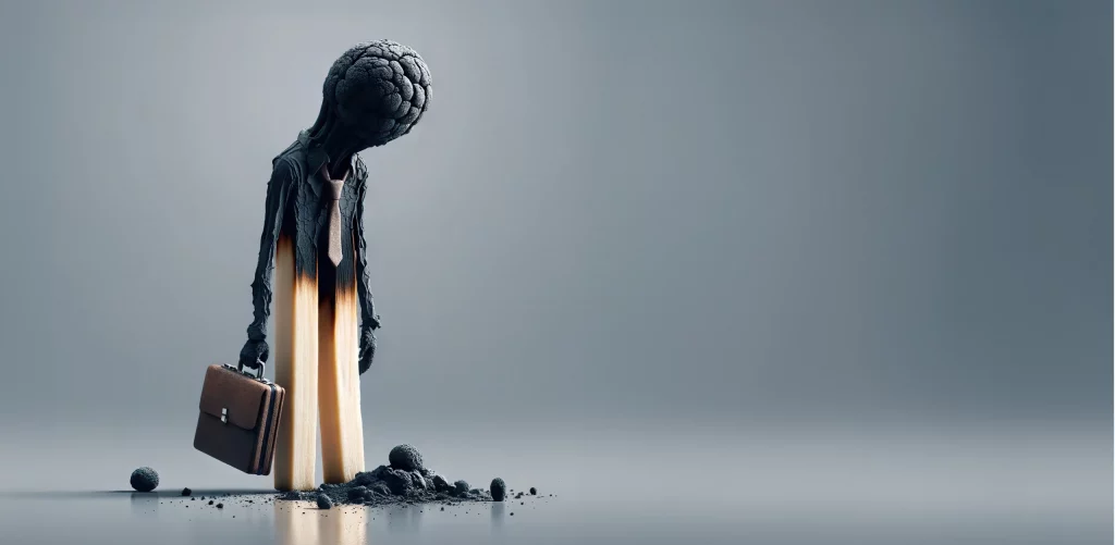 Conceptual image of a burnt-out professional holding a briefcase, representing emotional exhaustion and work-related stress